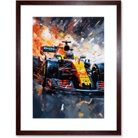 Artery8 Wall Art Print Grand Prix Race Car in Action on Track Circuit Artwork Framed 9X7 Inch in Brown | Size: W7" x H9"