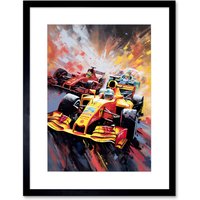Artery8 Wall Art Print Grand Prix Championship Cars Racing on Track Artwork Framed 9X7 Inch in Black | Size: W7" x H9"