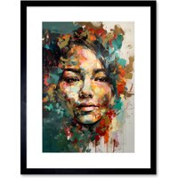 Artery8 Wall Art Print Sad Young Woman Face Beauty Portrait Multicoloured Artwork Framed 9X7 Inch in Black | Size: W7" x H9"
