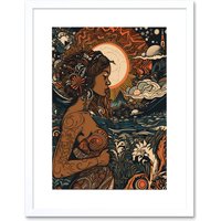 Artery8 Wall Art Print Gaia Mother Nature Modern Art Nouveau Folk Artwork Framed 9X7 Inch in White | Size: W7" x H9"