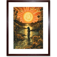 Artery8 Wall Art Print Woman Bathing in Creek at Sunset Modern Linocut Artwork Framed 9X7 Inch in Brown | Size: W7" x H9"