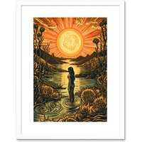 Artery8 Wall Art Print Woman Bathing in Creek at Sunset Modern Linocut Artwork Framed 9X7 Inch in White | Size: W7" x H9"
