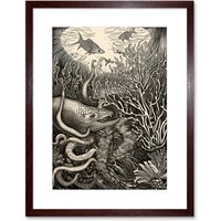 Artery8 Wall Art Print Aquatic Animals & Plants Linocut Artwork Framed 9X7 Inch in Brown | Size: W7" x H9"