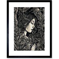 Artery8 Wall Art Print Woman with Crow in a Field Black & White Linocut Artwork Framed 9X7 Inch | Size: W7" x H9"