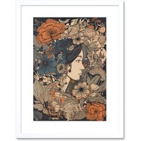 Artery8 Wall Art Print Woman Floral Profile Portrait Boho Art Nouveau Artwork Framed 9X7 Inch in White | Size: W7" x H9"