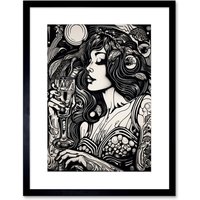 Artery8 Wall Art Print Woman Drinking Wine Black & White Artwork Framed 9X7 Inch | Size: W7" x H9"