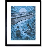 Artery8 Wall Art Print Beachcombing Coastal Landscape Blue Artwork Framed 9X7 Inch in Black | Size: W7" x H9"