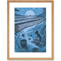 Artery8 Wall Art Print Beachcombing Coastal Landscape Blue Artwork Framed 9X7 Inch in Beige | Size: W7" x H9"