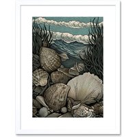 Artery8 Wall Art Print Seashells by the Shore Modern Coastal Artwork Framed 9X7 Inch in White | Size: W7" x H9"