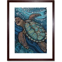 Artery8 Wall Art Print Vibrant Sea Turtle Swimming Under the Surface Artwork Framed 9X7 Inch in Brown | Size: W7" x H9"