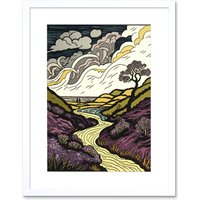 Artery8 Wall Art Print Scottish Countryside Path with Purple Heather Artwork Framed 9X7 Inch in White | Size: W7" x H9"