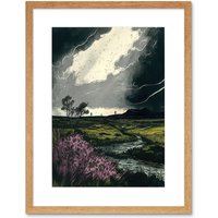 Artery8 Wall Art Print Storm Clouds at Scottish Meadow with Heather Shrub Artwork Framed 9X7 Inch in Beige | Size: W7" x H9"