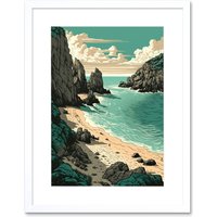 Artery8 Wall Art Print Porthcurno Beach Coastal Landscape Artwork Framed 9X7 Inch in White | Size: W7" x H9"