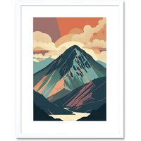 Artery8 Wall Art Print Mountain Hill Sunrise Boho Landscape Artwork Framed 9X7 Inch in White | Size: W7" x H9"