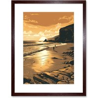 Artery8 Wall Art Print Couple walking on the Beach at Sunset Artwork Framed 9X7 Inch in Brown | Size: W7" x H9"
