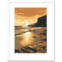 Artery8 Wall Art Print Couple walking on the Beach at Sunset Artwork Framed 9X7 Inch in White | Size: W7" x H9"