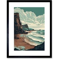 Artery8 Wall Art Print Bay with Cliffs Dramatic Coastal Landscape Artwork Framed 9X7 Inch in Black | Size: W7" x H9"