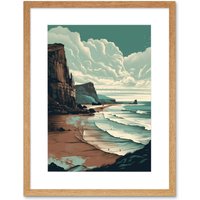 Artery8 Wall Art Print Bay with Cliffs Dramatic Coastal Landscape Artwork Framed 9X7 Inch in Beige | Size: W7" x H9"