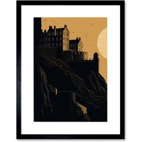 Artery8 Wall Art Print Edinburgh Castle at Sunset Linocut Artwork Framed 9X7 Inch in Black | Size: W7" x H9"