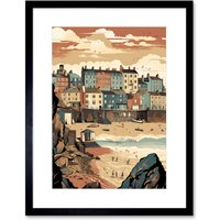 Artery8 Wall Art Print Tenby Harbour Beach Pastel Colour Coastal Town Artwork Framed 9X7 Inch in Black | Size: W7" x H9"