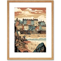 Artery8 Wall Art Print Tenby Harbour Beach Pastel Colour Coastal Town Artwork Framed 9X7 Inch in Beige | Size: W7" x H9"