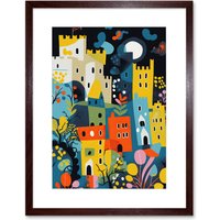 Artery8 Wall Art Print Nottingham at Night Abstract Folk Art Cityscape Artwork Framed 9X7 Inch in Brown | Size: W7" x H9"
