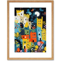 Artery8 Wall Art Print Nottingham at Night Abstract Folk Art Cityscape Artwork Framed 9X7 Inch in Beige | Size: W7" x H9"