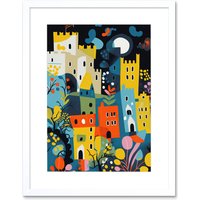 Artery8 Wall Art Print Nottingham at Night Abstract Folk Art Cityscape Artwork Framed 9X7 Inch in White | Size: W7" x H9"