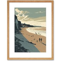 Artery8 Wall Art Print People Walking on Filey Beach Coastal Artwork Framed 9X7 Inch in Beige | Size: W7" x H9"