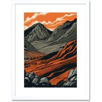 Artery8 Wall Art Print Scafell Pike Mountain Landscape in Amber & Grey Artwork Framed 9X7 Inch in White | Size: W7" x H9"