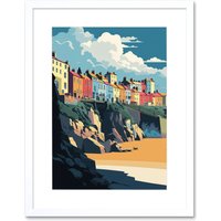 Artery8 Wall Art Print Tenby Harbour Beach Coastal Town Artwork Framed 9X7 Inch in White | Size: W7" x H9"