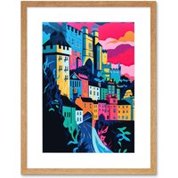 Artery8 Wall Art Print Nottingham City Vibrant Abstract Pop Art Cityscape Artwork Framed 9X7 Inch in Beige | Size: W7" x H9"