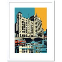 Artery8 Wall Art Print Leeds City Waterfront Modern Linocut Artwork Framed 9X7 Inch in White | Size: W7" x H9"