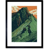 Artery8 Wall Art Print Hiking the Striding Edge Orange & Green Linocut Artwork Framed 9X7 Inch in Black | Size: W7" x H9"