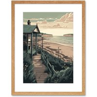 Artery8 Wall Art Print Summer Beach House Coastal Landscape Artwork Framed 9X7 Inch in Beige | Size: W7" x H9"