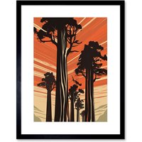Artery8 Wall Art Print Sequoia National Forest Large Tree Linocut Poster Artwork Framed 9X7 Inch in Black | Size: W7" x H9"