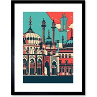 Artery8 Wall Art Print Brighton's Royal Pavilion in Ivory Blue & Red Artwork Framed 9X7 Inch in Black | Size: W7" x H9"