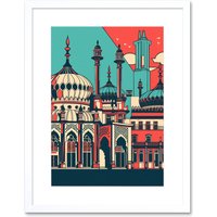 Artery8 Wall Art Print Brighton's Royal Pavilion in Ivory Blue & Red Artwork Framed 9X7 Inch in White | Size: W7" x H9"