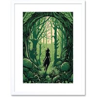 Artery8 Wall Art Print Anthropomorphic Fox Silhouette Forest Art Nouveau Artwork Framed 9X7 Inch in White | Size: W7" x H9"