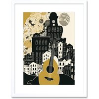 Artery8 Wall Art Print Edinburgh Cityscape Fringe Festival Guitar Linocut Artwork Framed 9X7 Inch in White | Size: W7" x H9"
