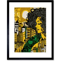 Artery8 Wall Art Print Woman & Edinburgh Cityscape Yellow Green Linocut Artwork Framed 9X7 Inch in Black | Size: W7" x H9"