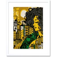 Artery8 Wall Art Print Woman & Edinburgh Cityscape Yellow Green Linocut Artwork Framed 9X7 Inch in White | Size: W7" x H9"