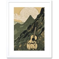 Artery8 Wall Art Print Guitar on Mountain Landscape Morning at Campsite Artwork Framed 9X7 Inch in White | Size: W7" x H9"