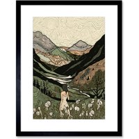 Artery8 Wall Art Print Woman in Flower Field in Scottish Hill Landscape Artwork Framed 9X7 Inch in Black | Size: W7" x H9"
