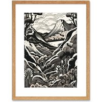 Artery8 Wall Art Print Forest Mountain Landscape Black & White Linocut Artwork Framed 9X7 Inch in Beige | Size: W7" x H9"