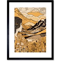 Artery8 Wall Art Print Earth Goddess Blooming Flowers Mountain Landscape Artwork Framed 9X7 Inch in Black | Size: W7" x H9"