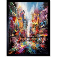 Artery8 Wall Art Print Abstract City Street Modern Vibrant Cityscape Art Framed in Black | Size: W12" x H16"