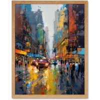Artery8 Wall Art Print New York City Street Taxi Traffic Modern Cityscape Art Framed in Light Oak | Size: W12" x H16"
