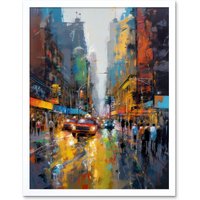 Artery8 Wall Art Print New York City Street Taxi Traffic Modern Cityscape Art Framed in White | Size: W12" x H16"