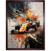 Artery8 Wall Art Print Yellow Race Car Racing Scene Modern Spatter Art Framed in Brown | Size: W12" x H16"